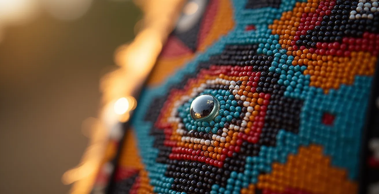 Détail macro du perlage traditionnel sur un régalia autochtone