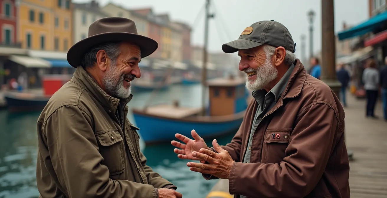 Portrait d'un résident local de la Côte-Nord en conversation chaleureuse avec des voyageurs