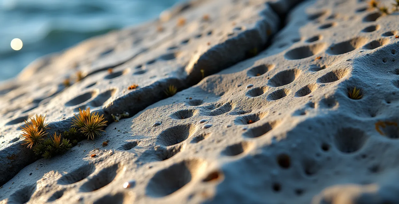 Gros plan sur la roche calcaire poreuse caractéristique de Mingan montrant l'impossibilité de retenir l'eau