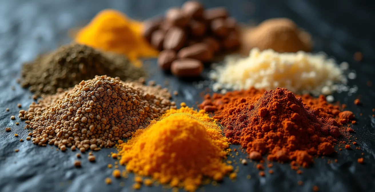 Gros plan macro sur différentes épices boréales du Québec montrant leurs textures uniques