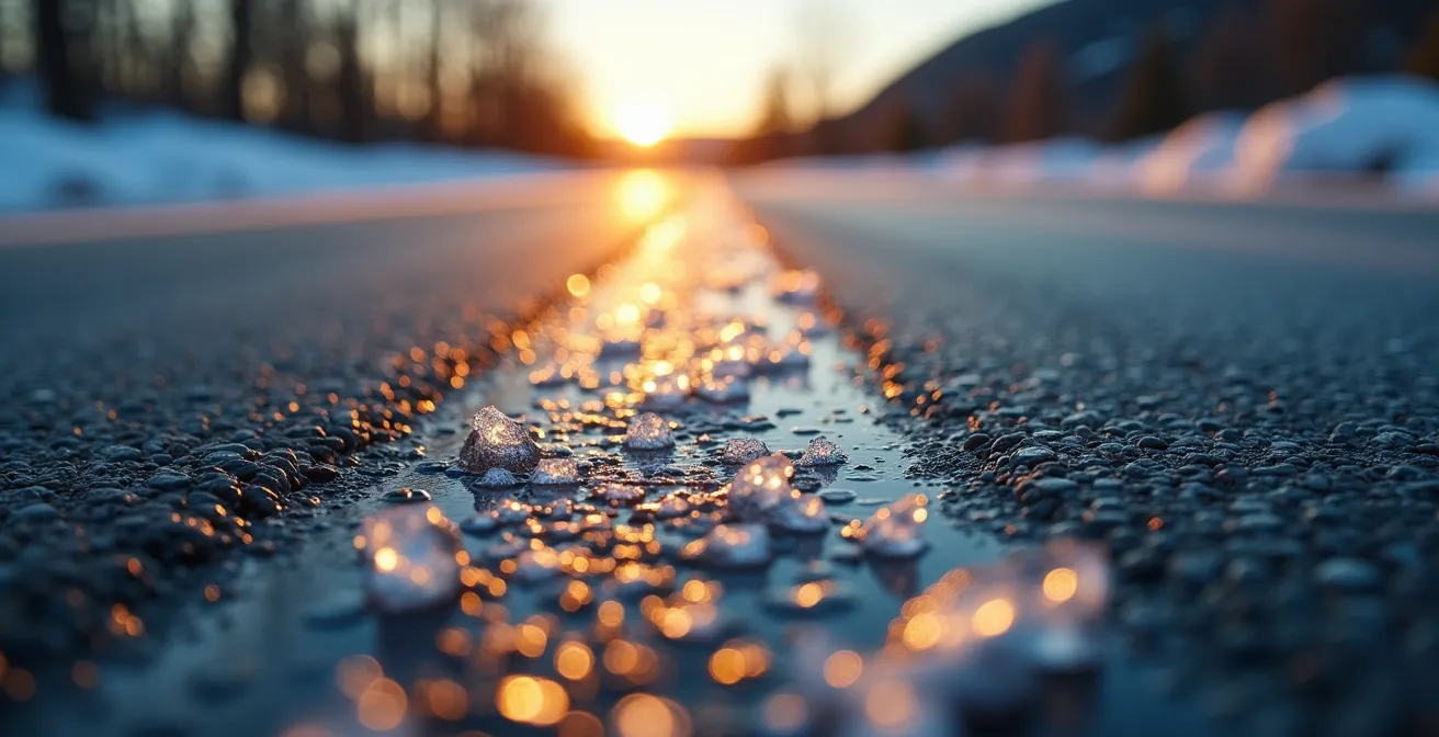 Vue d'un pont québécois en hiver montrant la formation invisible de glace noire sur l'asphalte
