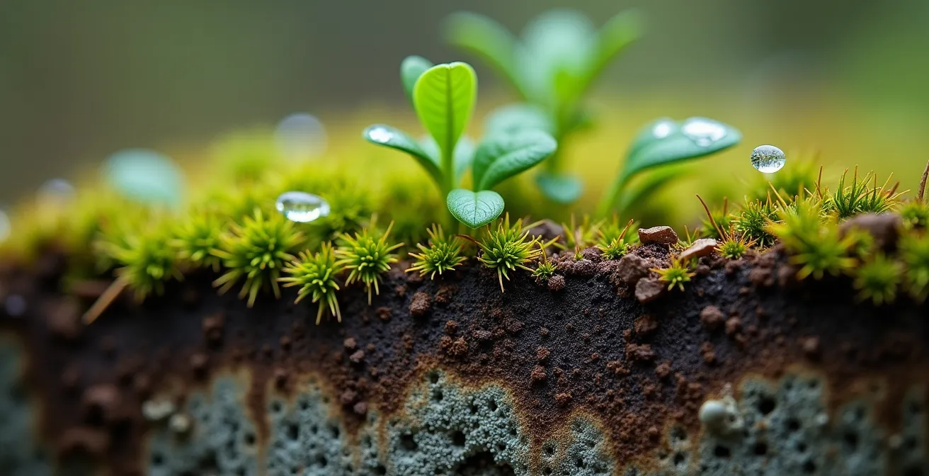 Vue macro du sol mince et acide typique du Bouclier canadien avec lichens et mousses