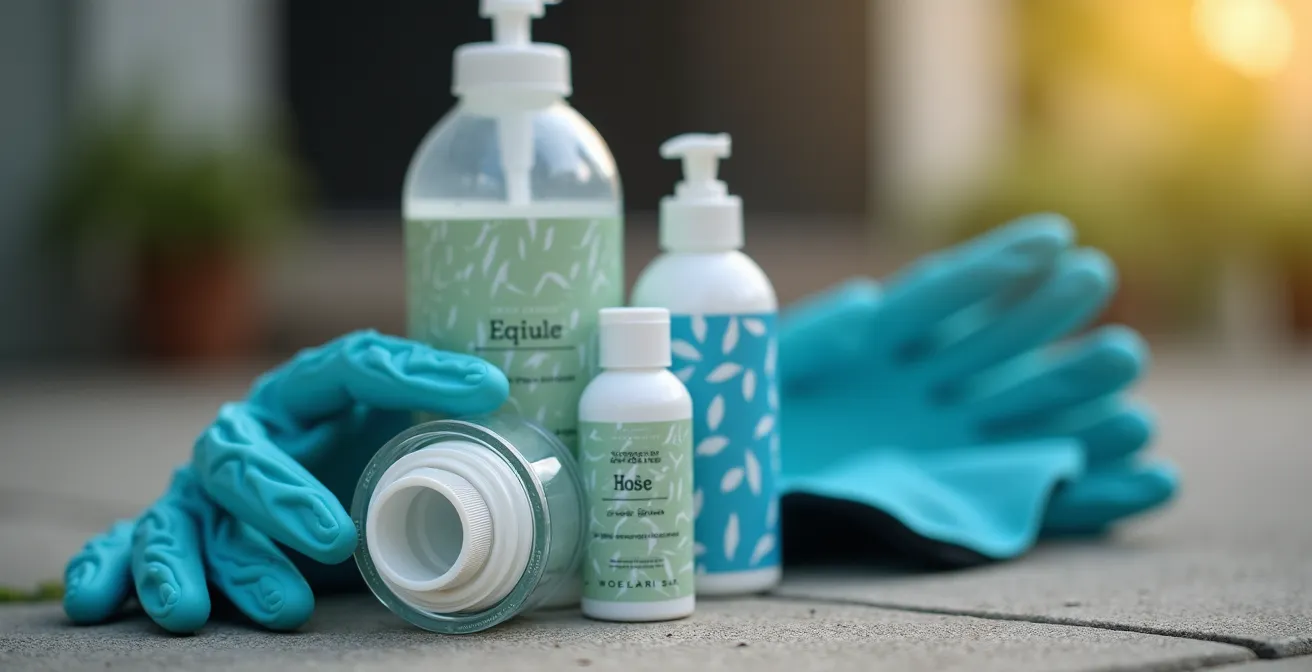 Équipement de vidange pour VR disposé sur une surface propre incluant gants, tuyaux et produits écologiques