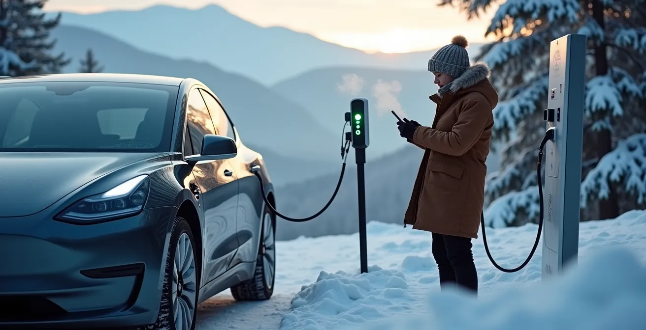 Borne de recharge électrique dans un paysage montagneux enneigé des Laurentides