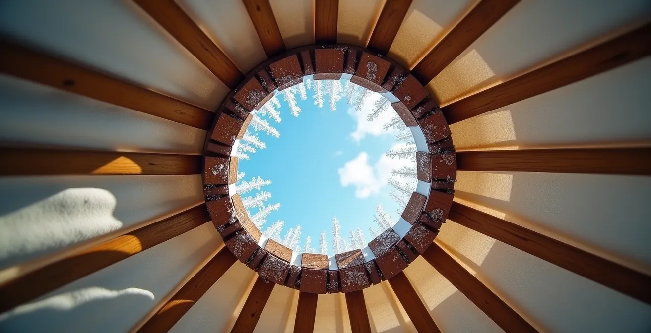 Vue détaillée du système de ventilation par la couronne d'une yourte en hiver