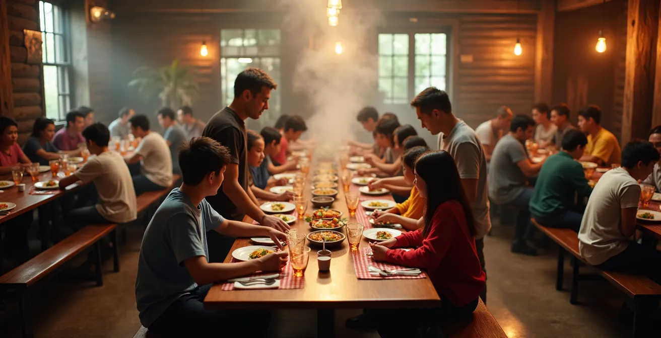 Vue plongeante sur les longues tables communes d'une cabane à sucre familiale bondée