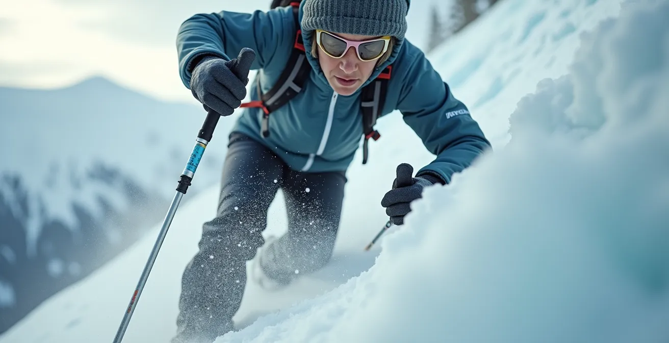 Raquetteur utilisant la technique des bâtons en piolet sur pente glacée