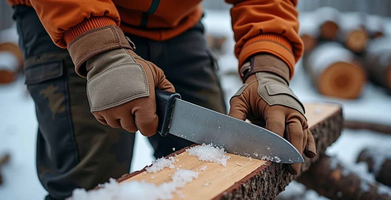 Gros plan sur un coin éclateur enfoncé dans une bûche d'érable avec masse posée à côté