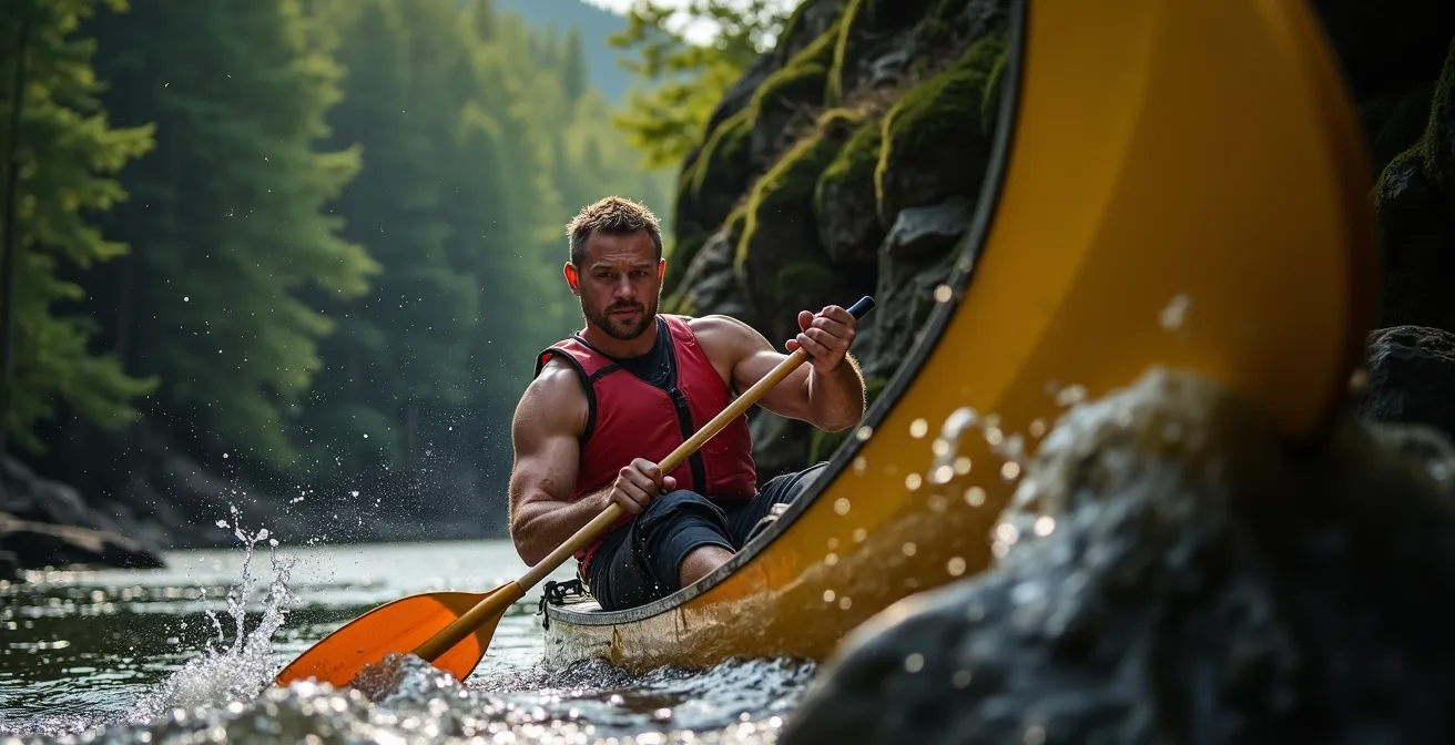 Canoteur soulevant un canot avec technique du joug sur un sentier forestier