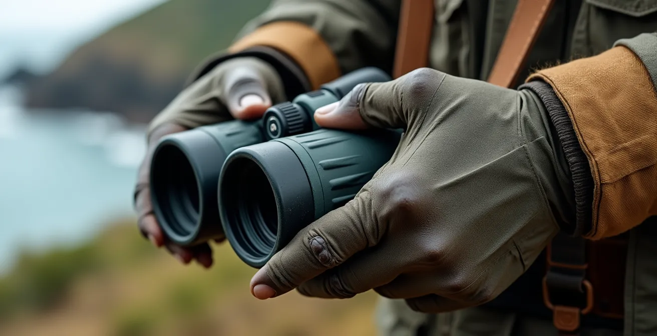 Détail macro de mains tenant des jumelles avec harnais de stabilisation