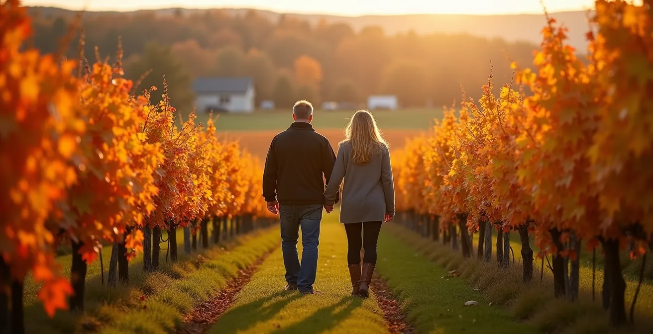 Vignoble des Cantons-de-l'Est un vendredi d'octobre avec peu de visiteurs sous un ciel bleu