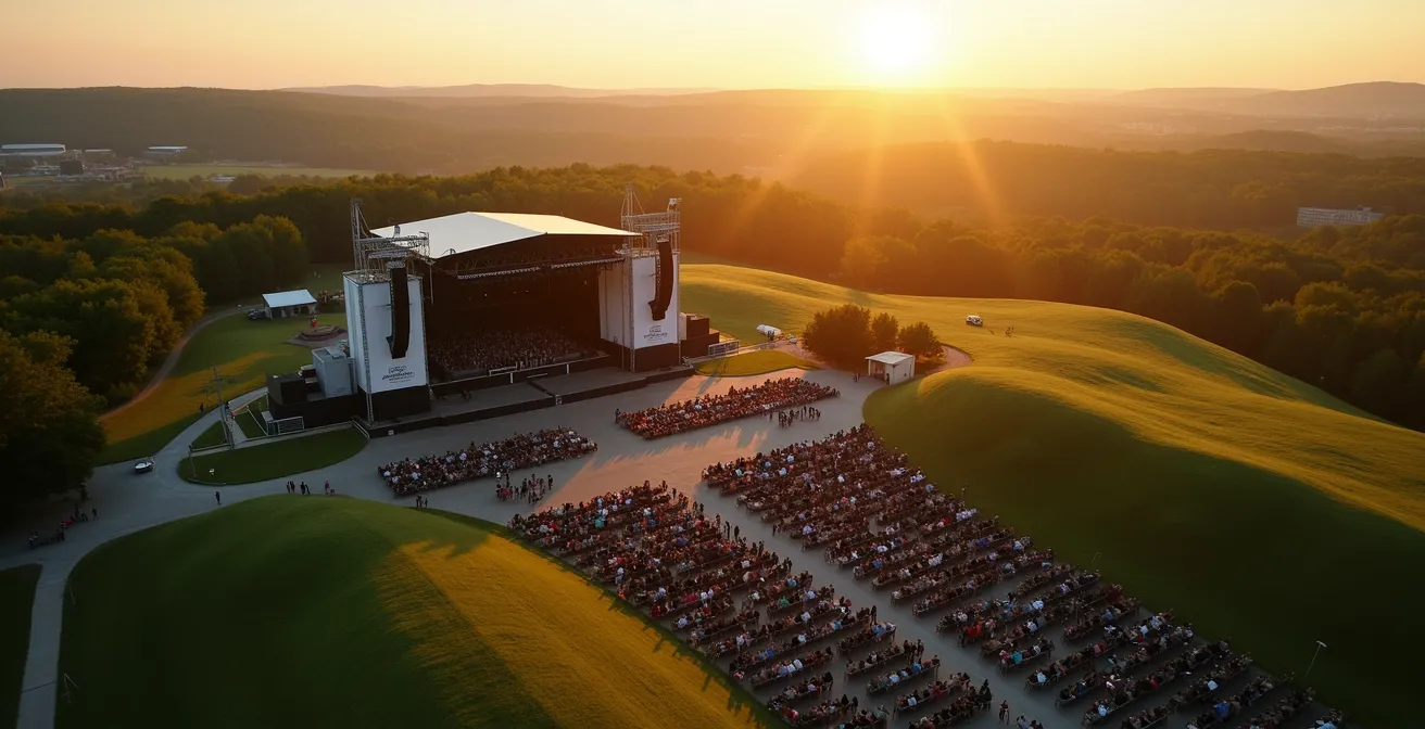 Vue aérienne des Plaines d'Abraham montrant la topographie naturelle et les différentes zones d'écoute pendant un concert